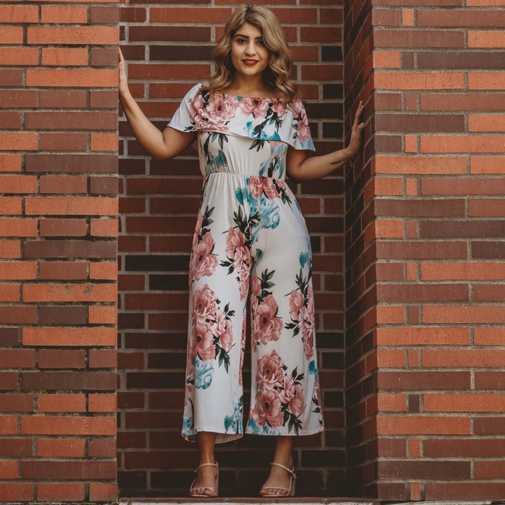 Ivory with Floral Print Off the Shoulder Jumpsuit